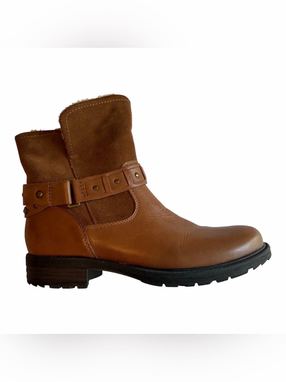 Earth Leather Boots Brown Size 9 Women’s Studded Faux Fur Buckle Zip Up